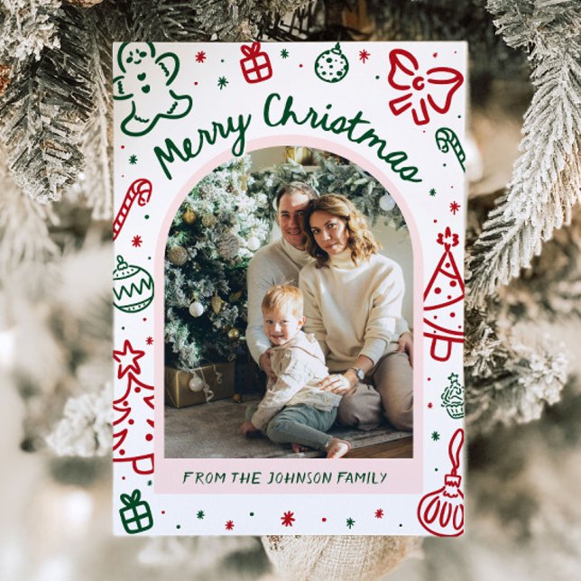 Cartão De Festividades Foto de Arco Desenhada à Mão Branca Feliz Natal (Whimsical Hand Drawn Arch Photo Merry Christmas Holiday Card)