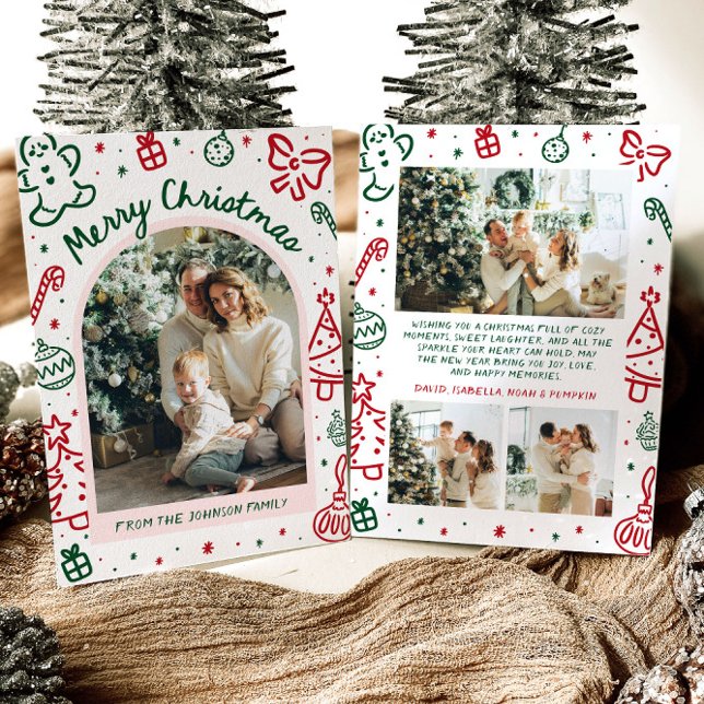 Cartão De Festividades Foto de Arco Desenhada à Mão Branca Feliz Natal (Whimsical Hand Drawn Arch Photo Merry Christmas Holiday Card)