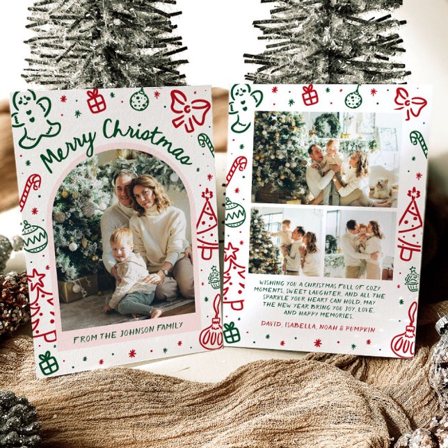 Cartão De Festividades Foto de Arco Desenhada à Mão Branca Feliz Natal (Whimsical Hand Drawn Arch Photo Merry Christmas Holiday Card)