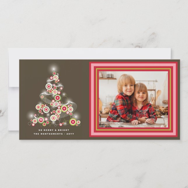 Cartão De Festividades Foto de Árvore de Natal nos círculos vermelhos ret (Frente)