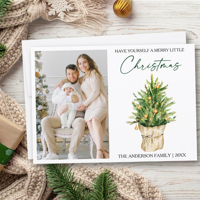 Cartão De Festividades Foto de árvore de pinheiro com aquarela caligráfic (Customize to change your personalized text size or text style)