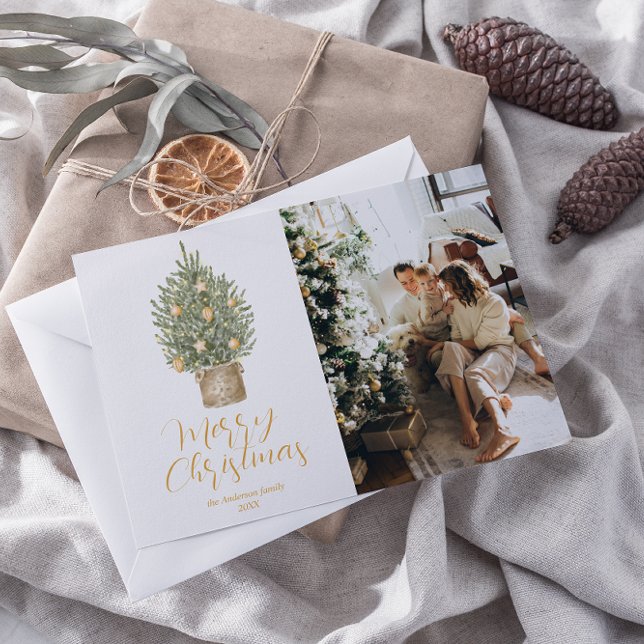 Cartão De Festividades Foto de Árvore Dourada de Aquarela Feliz Natal (Criador carregado)
