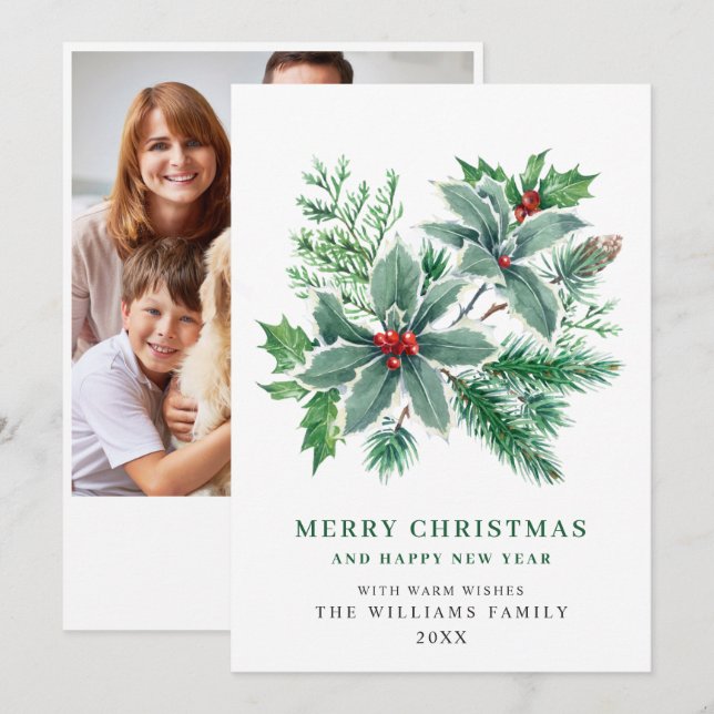 Cartão De Festividades Foto de Azevinho Festivo com Frutas Natal Saudação (Frente/Verso)