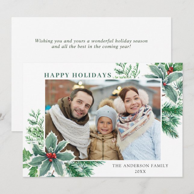 Cartão De Festividades Foto de Azevinho Festivo Saudação de Natal (Frente/Verso)