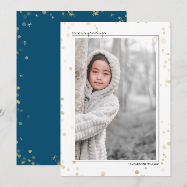 Cartão De Festividades Foto de Boas Festas com Estrelas Bokeh Preto e Dou (Frente/Verso)