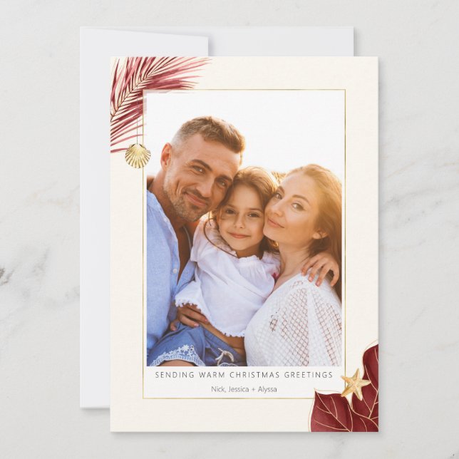 Cartão De Festividades Foto de Borgonha e Dourada Verde Tropical (Frente)