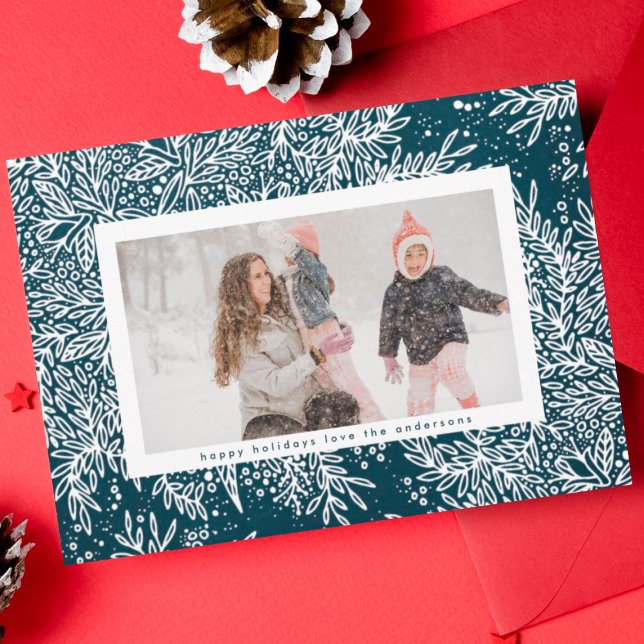 Cartão De Festividades Foto de Botânica de Natal Branco e Azul-Inverno (Criador carregado)