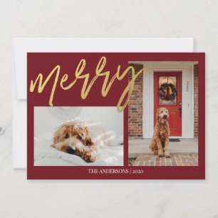 Cartão De Festividades Foto de Cachorro de Natal com Ouro Moderno