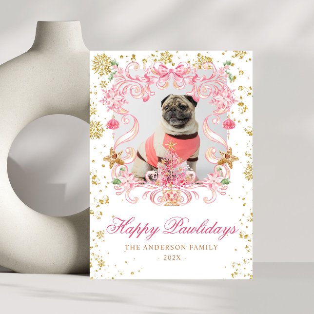 Cartão De Festividades Foto de Cão Feliz Pawlidays Rosa Arco Crest de Nat (Criador carregado)