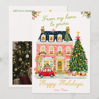 Cartão De Festividades Foto de Casa de Cidade em Aquarela Rosa Feliz Nata