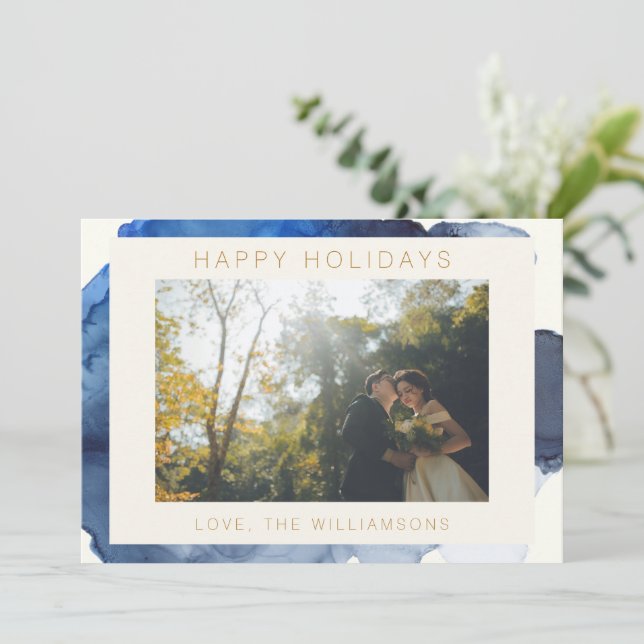 Cartão De Festividades Foto de casal elegante em aquarela abstrata em índ (Em pé/Frente)