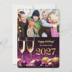 Cartão De Festividades Foto de Champanhe Roxo e Dourado Ano Novo 2027