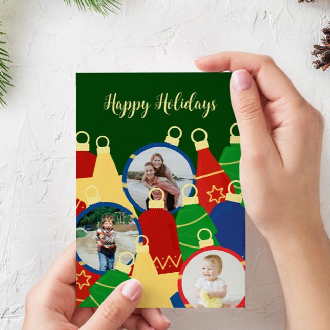 Cartão De Festividades Foto de Enfeites de natal Retroativos (Retro custom christmas card with ornaments and your photos)