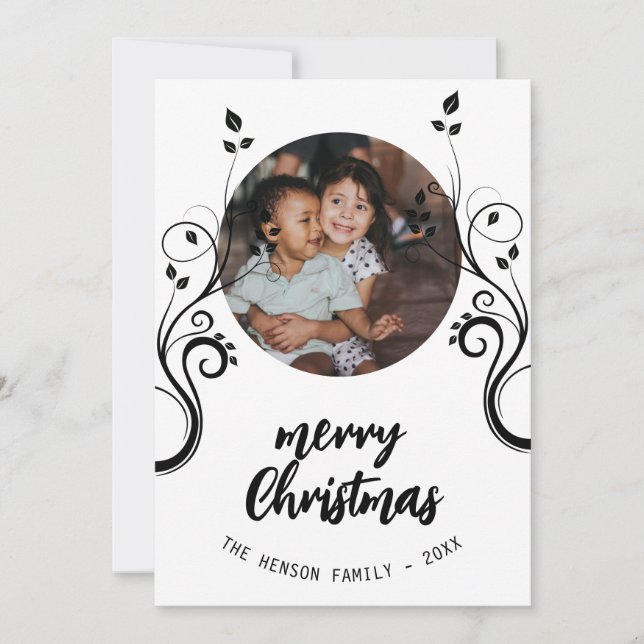 Cartão De Festividades Foto de família adorável Folhagem Negra Feliz Nata (Frente)