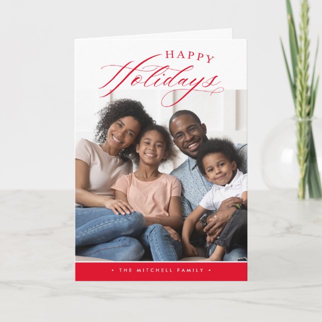 Cartão De Festividades FOTO DE FAMÍLIA Boas Festas caligrafia fofa vermel (Frente)