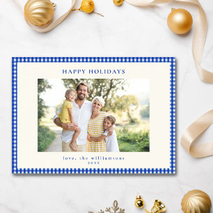 Cartão De Festividades Foto de Família com Borda Xadrez Azul e Branco