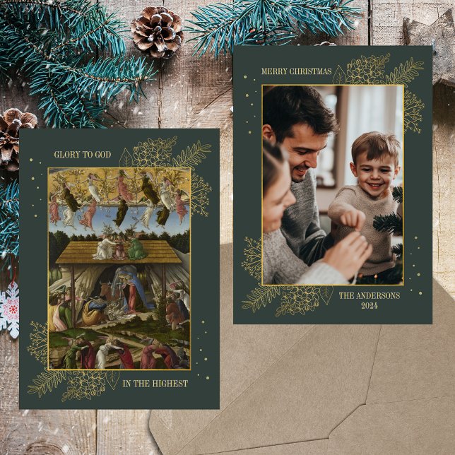 Cartão De Festividades Foto de Família da Natividade de Natal Católico Cr (Religious Christian Catholic Classic Vintage Gold Elegant Custom Family Photo Christmas Holiday Card)