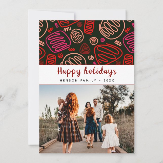 Cartão De Festividades Foto de família de Natal com arte de linha Festiva (Frente)