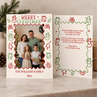 Cartão De Festividades Foto de Família de Natal com Borda de Desenho Verm