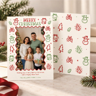Cartão De Festividades Foto de Família de Natal com Borda de Desenhos Ver