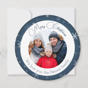 Cartão De Festividades Foto de Família de Natal com Floco de Neve Azul