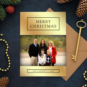 Cartão De Festividades Foto de Família de Natal com Folha de Ouro Falsa