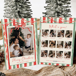 Cartão De Festividades Foto de Família de Natal com Laço de Listra Vintag