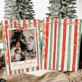 Cartão De Festividades Foto de Família de Natal com Laço de Listra Vintag