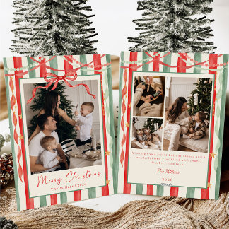 Cartão De Festividades Foto de Família de Natal com Laço de Listras Vinta