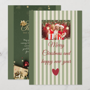 Cartão De Festividades Foto de família de Natal com listras vermelhas e b