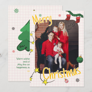 Cartão De Festividades Foto de Família de Natal Gingham com Desenho à Mão