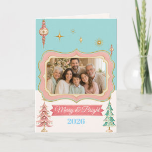 Cartão De Festividades Foto de Família de Natal Pastel Retro Personalizad