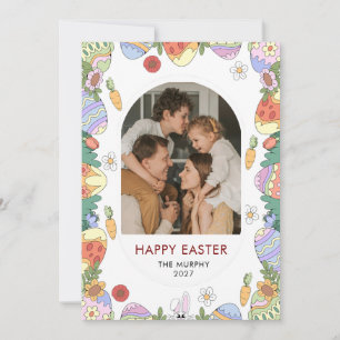 Cartão De Festividades Foto de família de Páscoa floral oval colorida ele