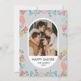 Cartão De Festividades Foto de família de Páscoa floral oval colorida ele