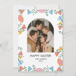 Cartão De Festividades Foto de família de Páscoa floral oval colorida ele