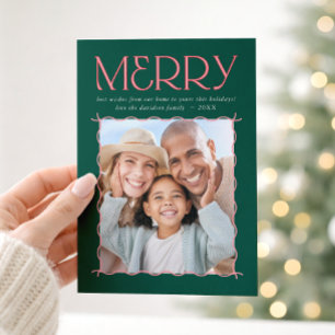 Cartão De Festividades FOTO DE FAMÍLIA FELIZ borda ondulada moderna verde