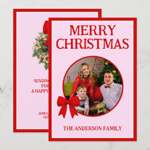 Cartão De Festividades Foto de Família Feliz Natal com Laço de Xadrez Ver
