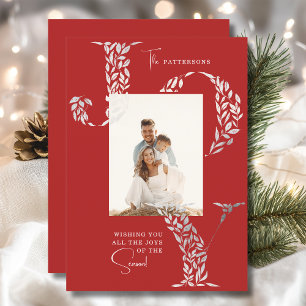 Cartão De Festividades Foto de Família Natal Alegria Floral Vermelho Prat