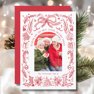 Cartão De Festividades Foto de Família Natal Coquette Vermelho Doodle Laç
