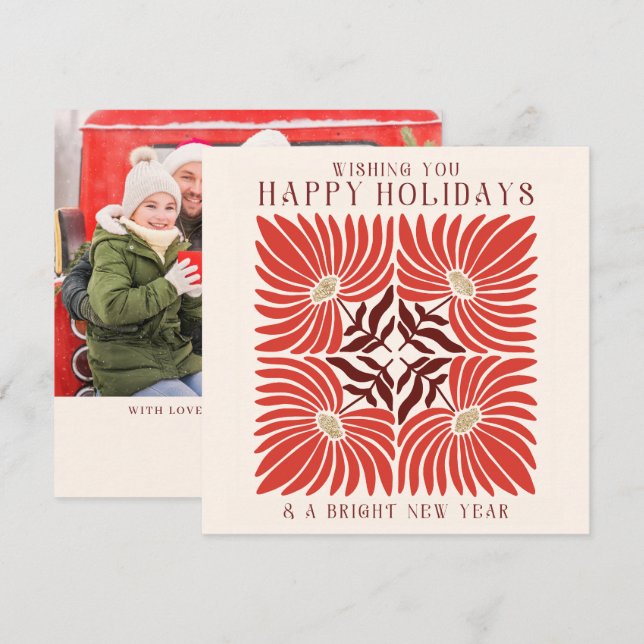 Cartão De Festividades Foto de Feliz Férias Moderno Bold Vermelho Floral  (Frente/Verso)
