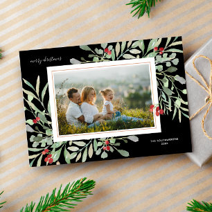 Cartão De Festividades Foto de Feliz Natal Folhagem de Inverno Bagas Verm