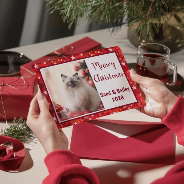 Cartão De Festividades Foto de Feriado das Estrelas Vermelhas Elegantes (Elegant Red Holiday Photo Personalized Card)