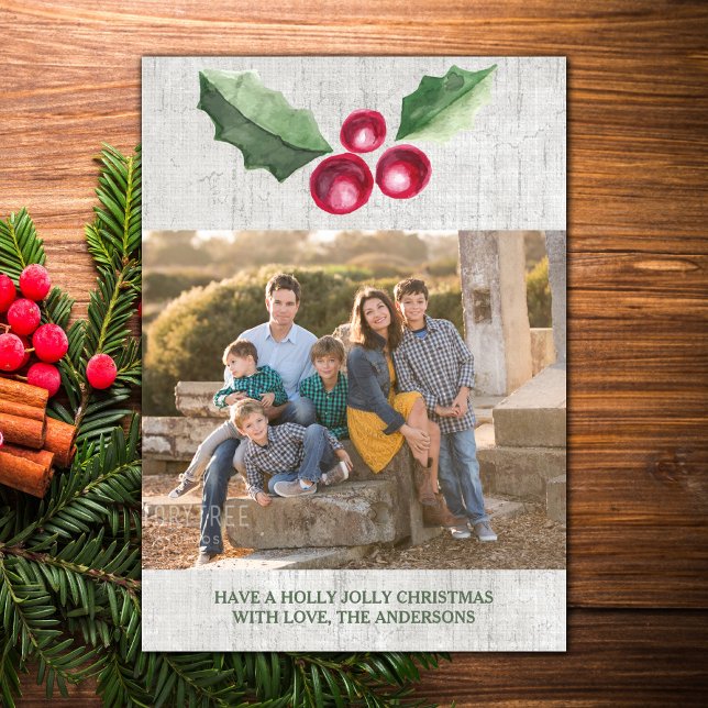 Cartão De Festividades Foto de Feriado de Berries e Holly escovadas (Brushed Holly and Berries Holiday Photo Card)