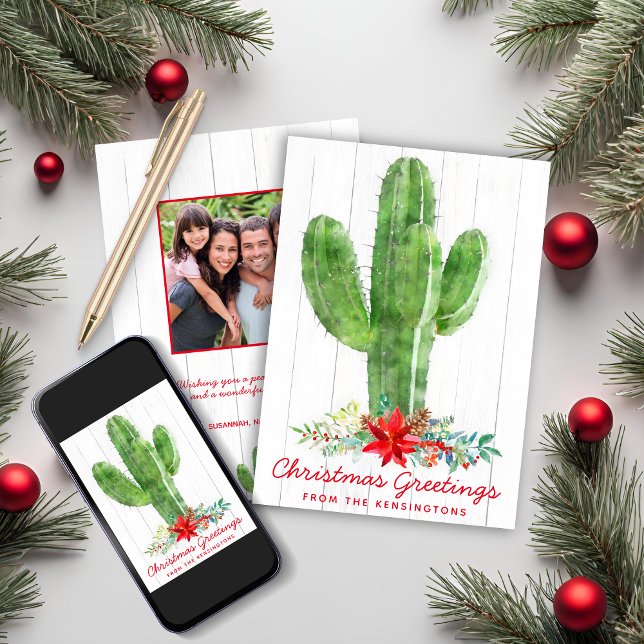 Cartão De Festividades Foto de Feriado de Madeira de Natal Russo Cactus (Rustic Christmas Cactus Wood Holiday Photo Card)