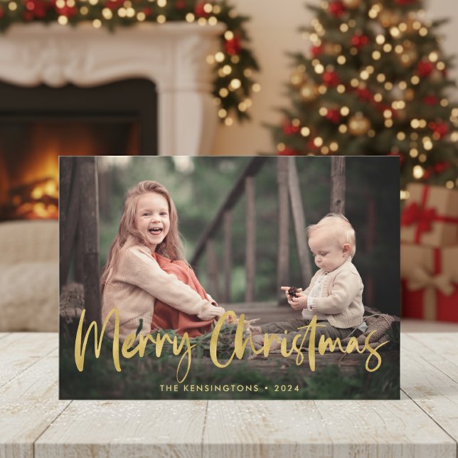 Cartão De Festividades Foto de Feriado de Script de Folha de Natal Gold d (Christmas Plaid Gold Foil Script Holiday Photo Cards with instant download option)