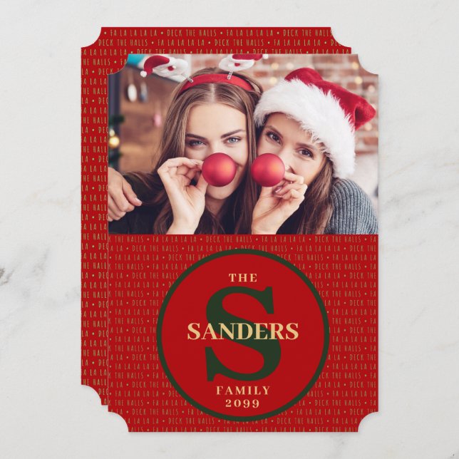Cartão De Festividades Foto de Feriado Monograma do Deck the Halls (Frente/Verso)