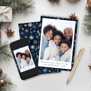 Cartão De Festividades Foto de Feriado Rustic Elegant Blue Snowflakes