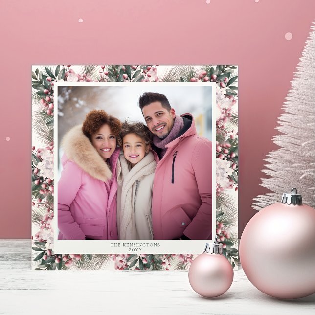 Cartão De Festividades Foto de Feriado Rustic Floral Gingham Xadrez (Criador carregado)