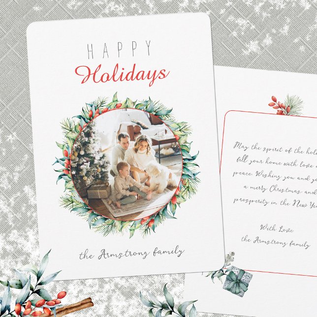 Cartão De Festividades Foto de Feriados Botânicos de Férias Felizes (Happy Holidays Botanical Wreath Photo Holiday Card ©Susanne Sachers - Sunny Mind Design 🌞)