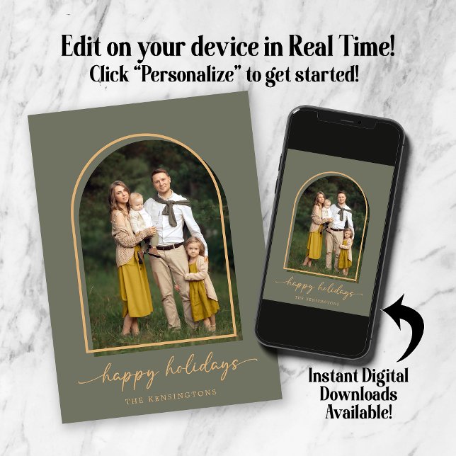 Cartão De Festividades Foto de Férias Arco Verde Dourado Elegante (Elegant Arch Green Gold Holiday Photo Card. Personalize in real time! Instant downloads available!)